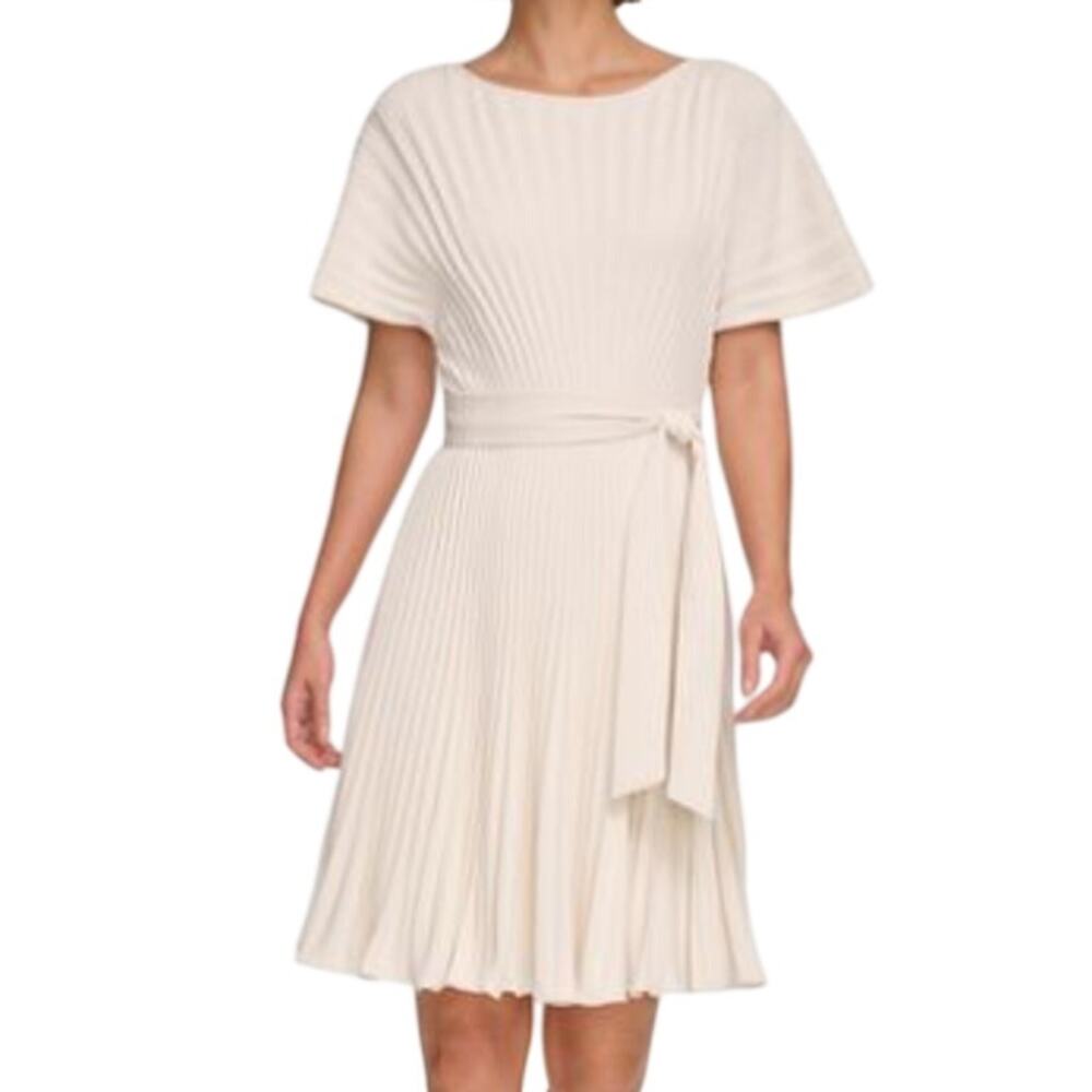 DKNY PETITE Ivory Pleated Knit Flare Romantic Flattering Cocktail Bridal Dress